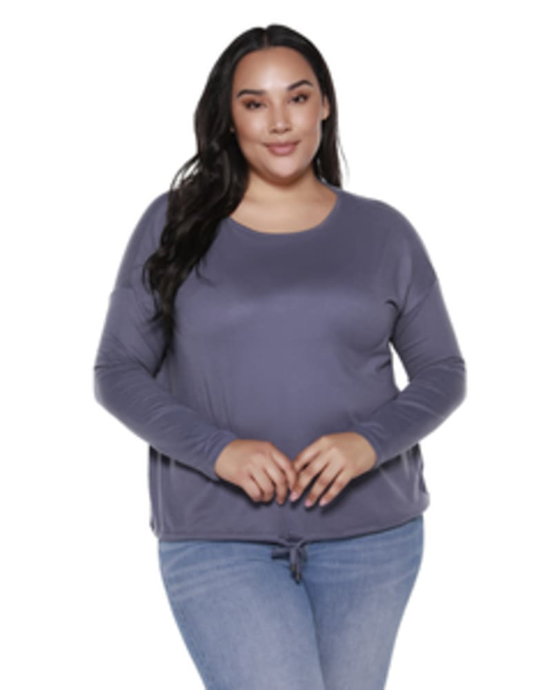 Front of a model wearing a size 1X Long-Sleeve Drawstring-Hem Top in STONEWASH by Belldini Black Label. | dia_product_style_image_id:246032